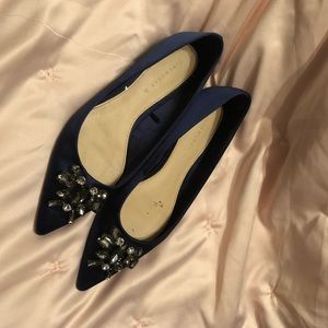 Zara blue satin embellished pointy toe flat